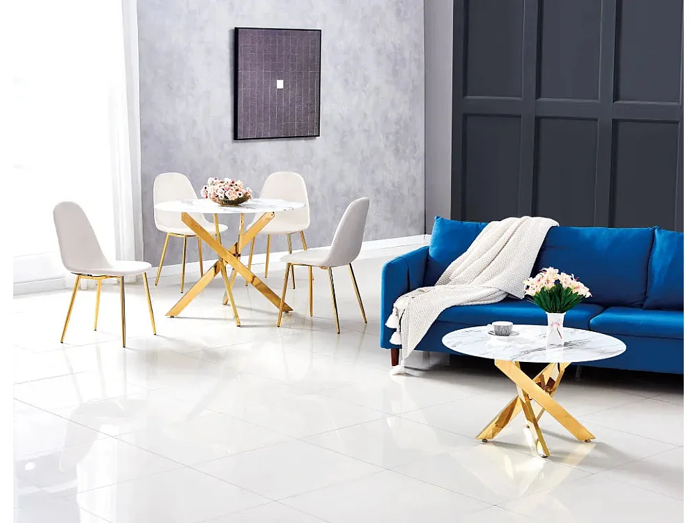 Table a manger ronde JESSICA Gold XXL 120 cm 4 couverts effet marbré blanc