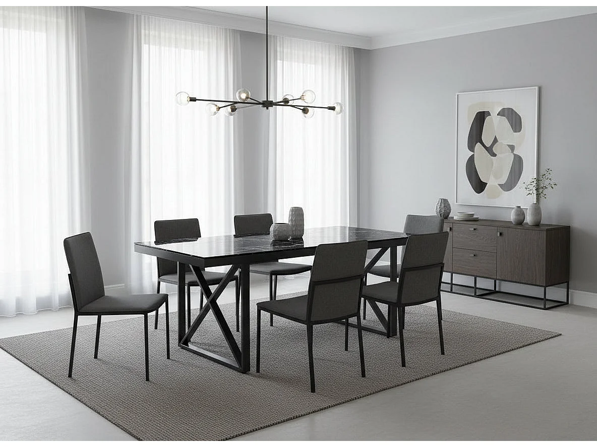 Table à Manger Verre Trempé Marbré Noir & Métal Noir – 180×90 cm