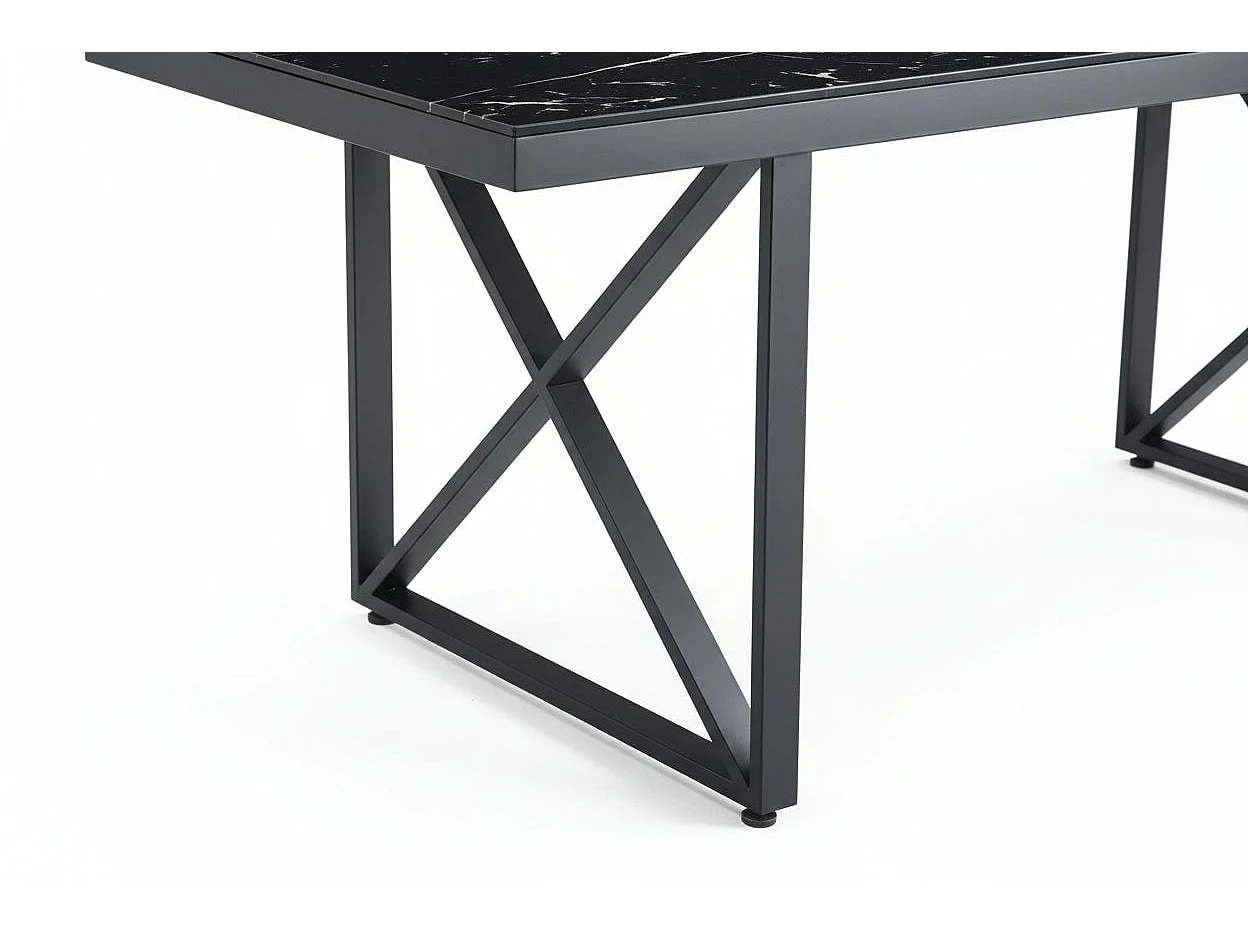 Table à Manger Verre Trempé Marbré Noir & Métal Noir – 180×90 cm