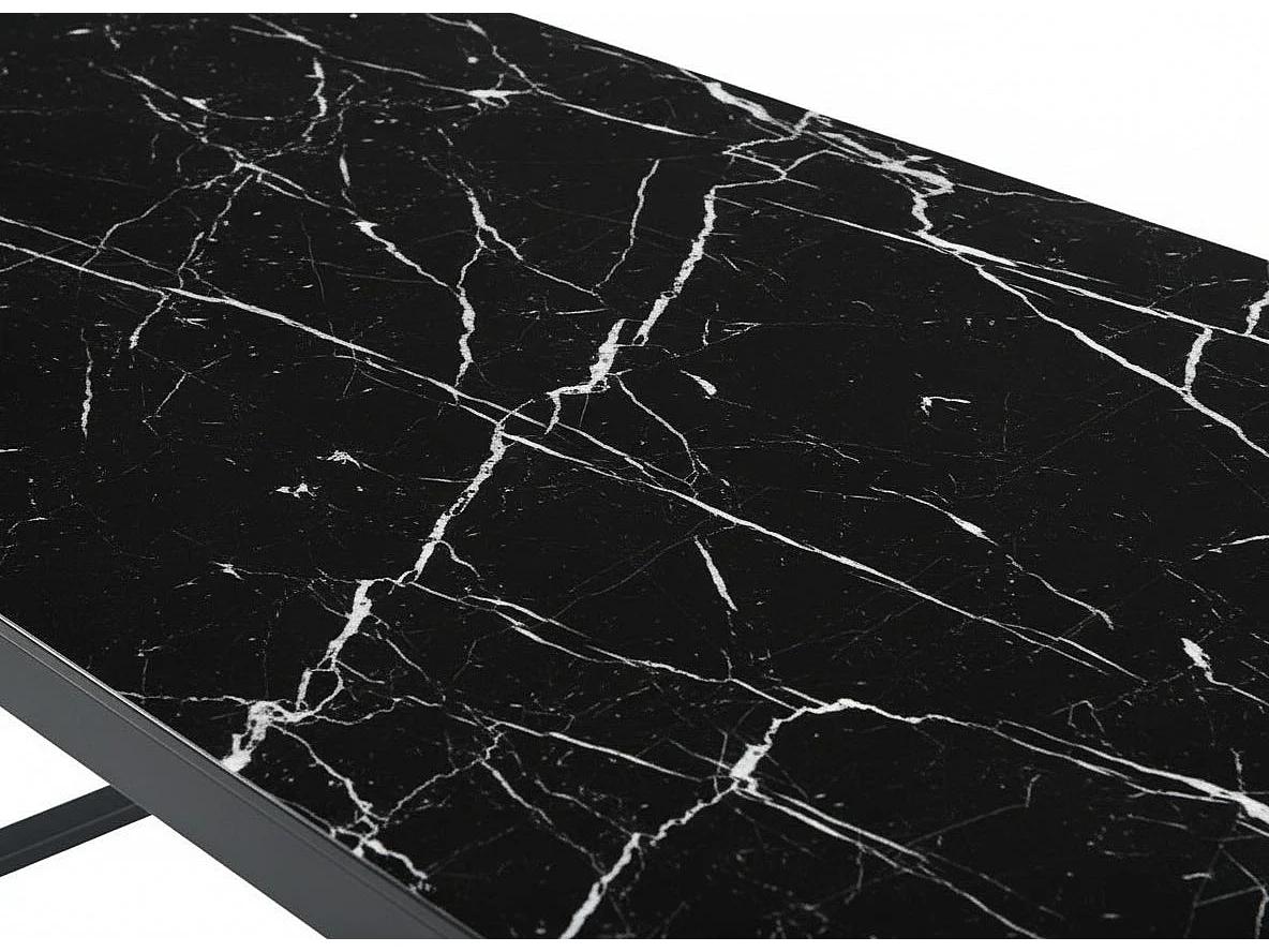 Table à Manger Verre Trempé Marbré Noir & Métal Noir – 180×90 cm