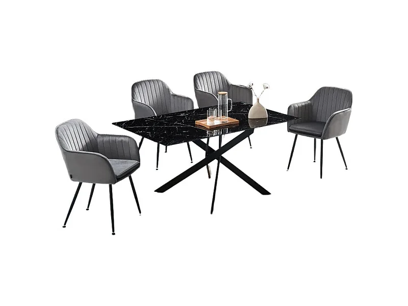 Table Repas JESSICA XXL Métal noir et plateau en verre MARBRE NOIR 180 cm 6 à 8 couverts