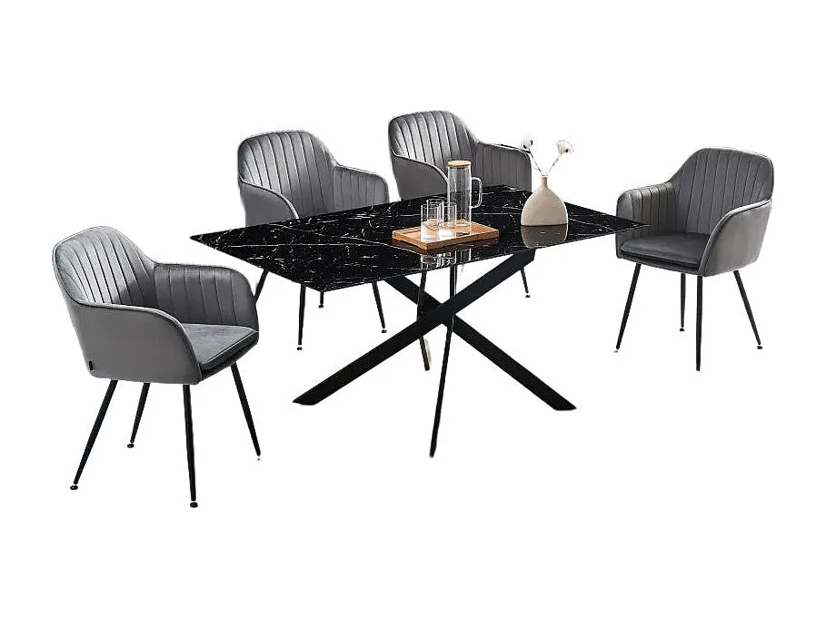 Table Repas JESSICA XXL Métal noir et plateau en verre MARBRE NOIR 180 cm 6 à 8 couverts