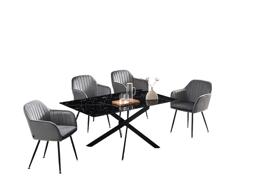Table Repas JESSICA XXL Métal noir et plateau en verre MARBRE NOIR 180 cm 6 à 8 couverts