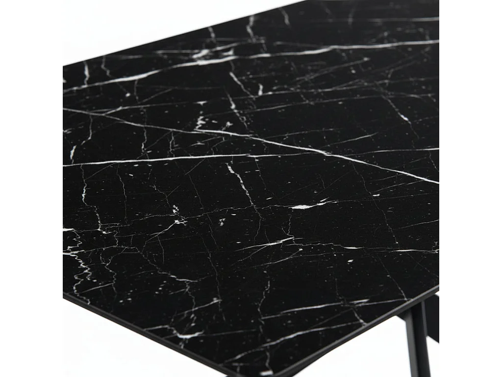Table Repas JESSICA XXL Métal noir et plateau en verre MARBRE NOIR 180 cm 6 à 8 couverts