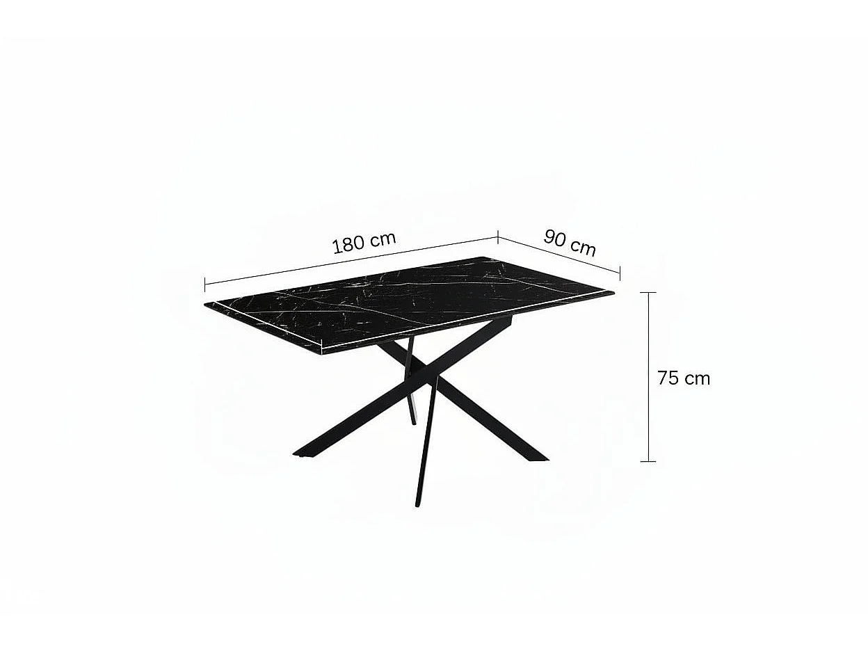 Table Repas JESSICA XXL Métal noir et plateau en verre MARBRE NOIR 180 cm 6 à 8 couverts
