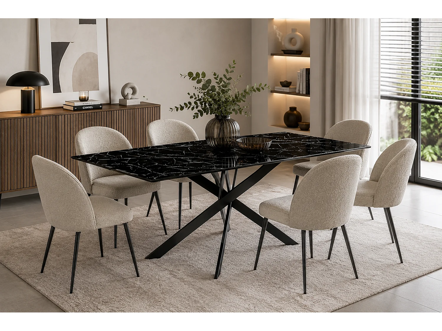 Table Repas JESSICA XXL Métal noir et plateau en verre MARBRE NOIR 180 cm 6 à 8 couverts