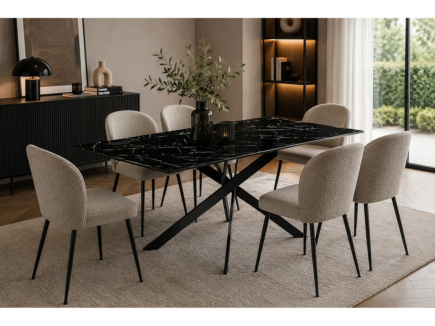 Table Repas JESSICA XXL Métal noir et plateau en verre MARBRE NOIR 180 cm 6 à 8 couverts