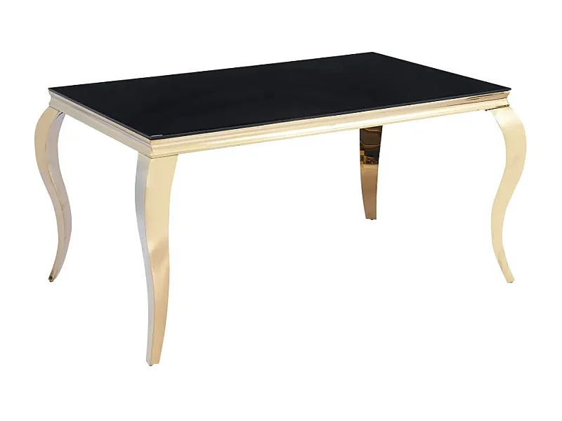 Table à manger BAROQUE 4 à 6 couverts 150x90 cm pieds gold plateau en verre noir