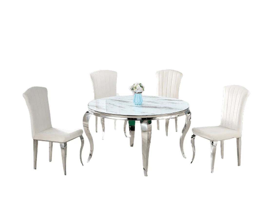 Table à manger ronde BAROQUE MARBRE BLANC pieds chrome  130x75 cm