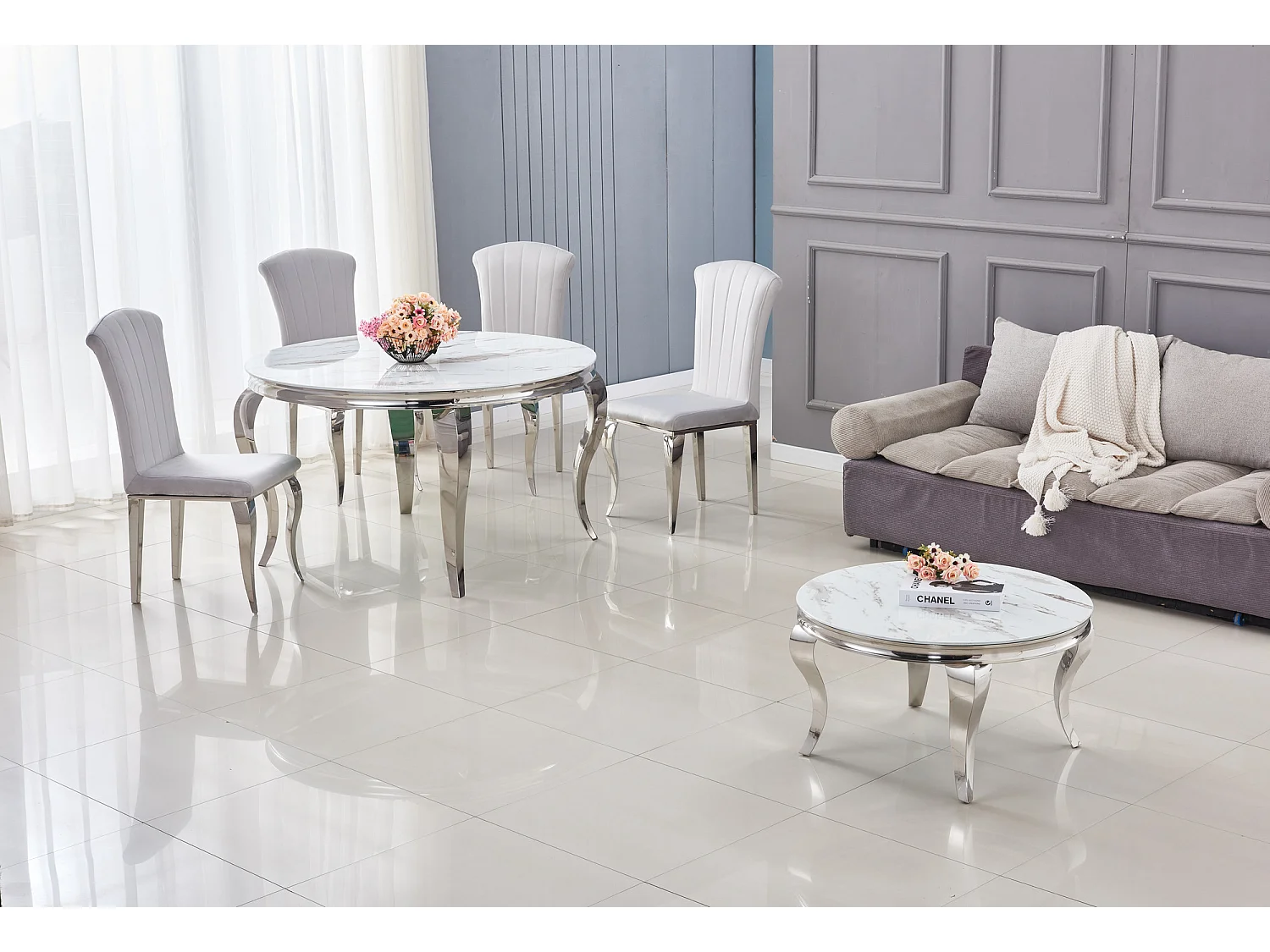 Table à manger ronde BAROQUE MARBRE BLANC pieds chrome  130x75 cm