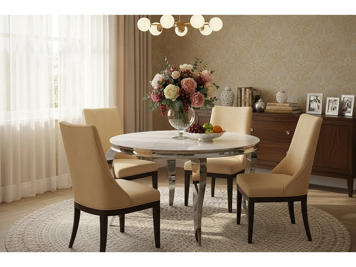 Table à manger ronde BAROQUE MARBRE BLANC pieds chrome  130x75 cm