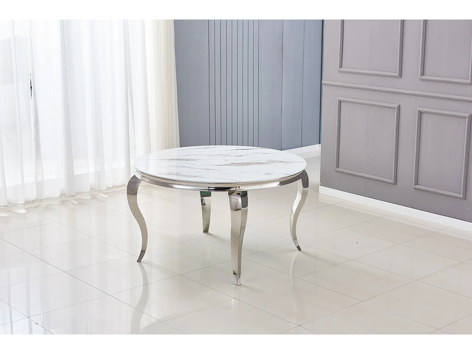 Table à manger ronde BAROQUE MARBRE BLANC pieds chrome  130x75 cm