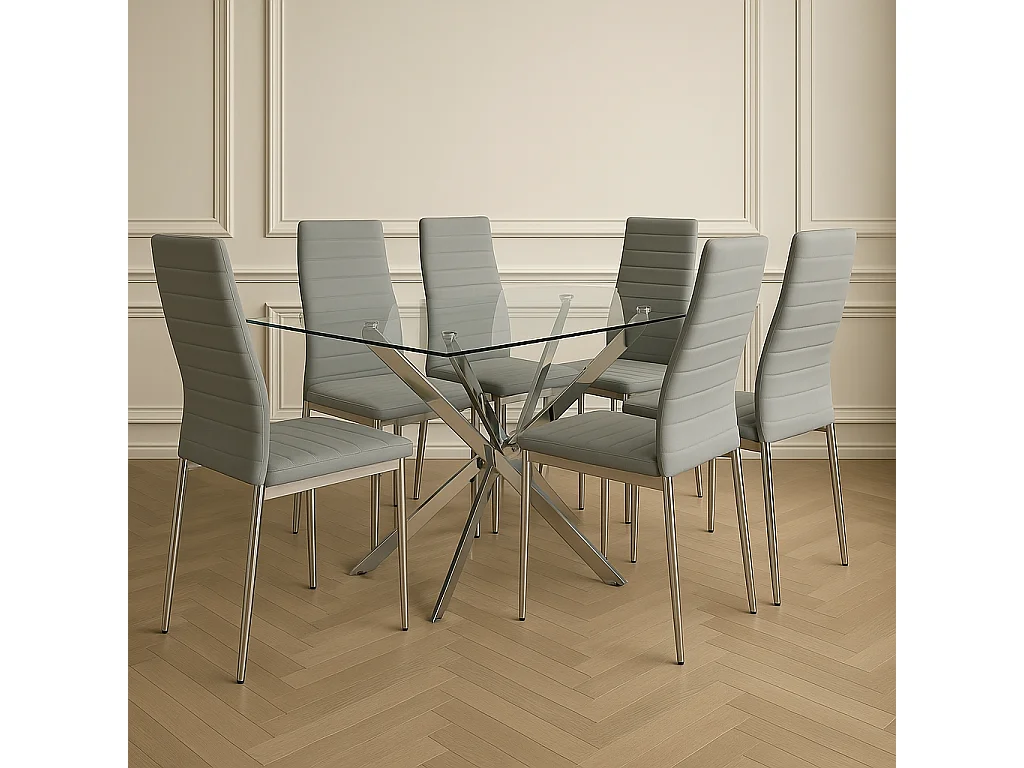 Table Repas JESSICA XXL Chrome et plateau en verre TRANSPARENT 180 cm 6 à 8 couverts