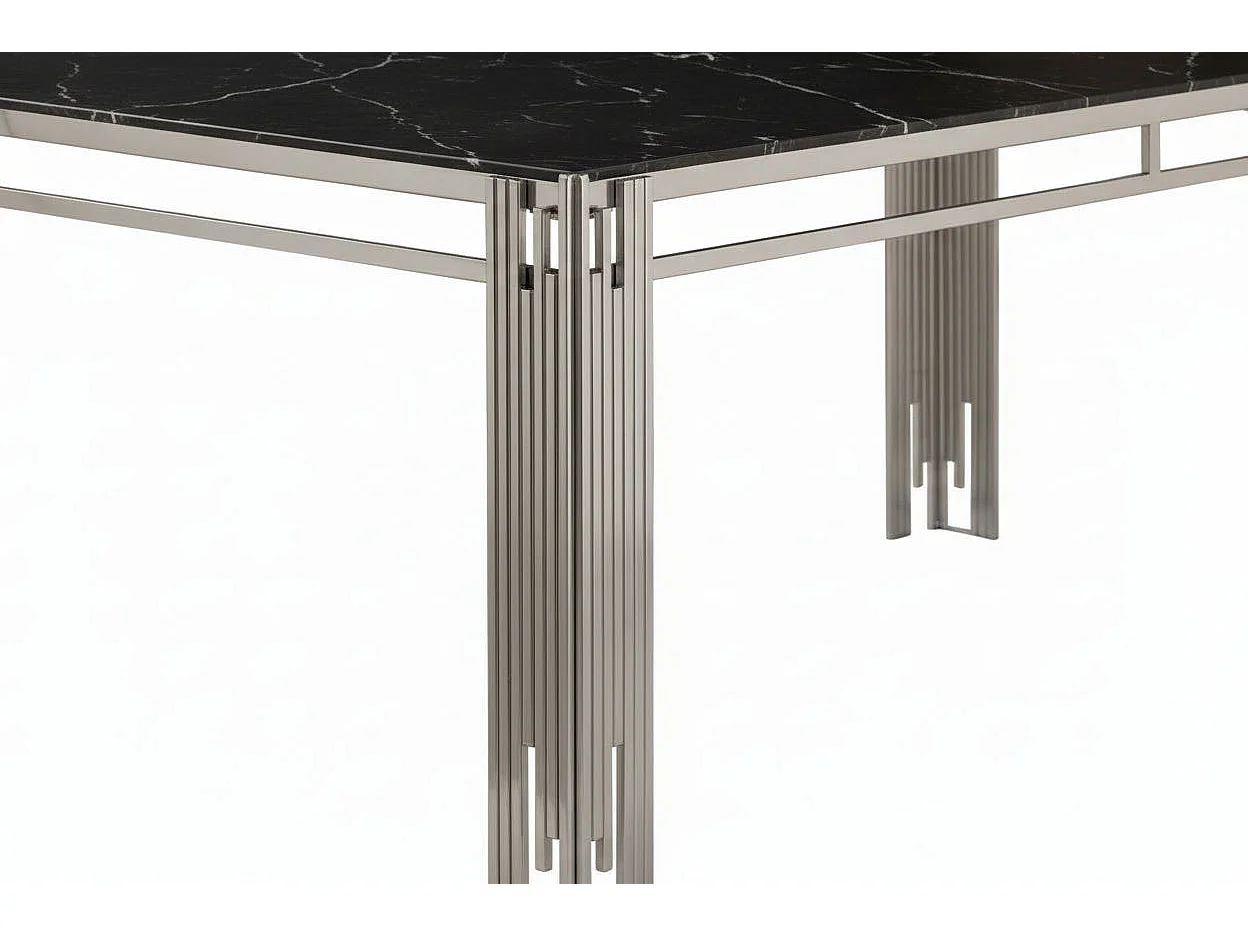 Table à manger verre marbré noir pied métal chrome 180x90 cm FLUTE