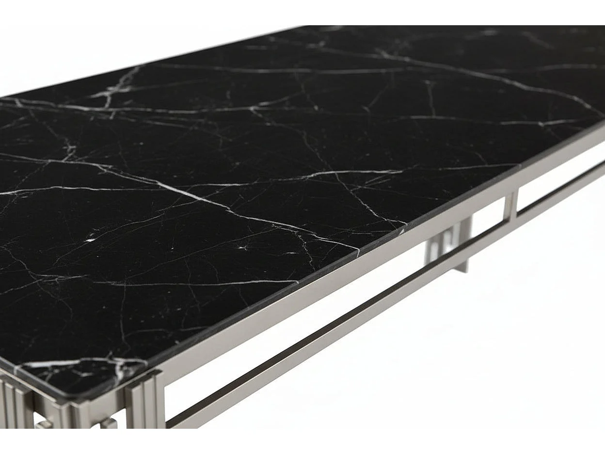 Table à manger verre marbré noir pied métal chrome 180x90 cm FLUTE