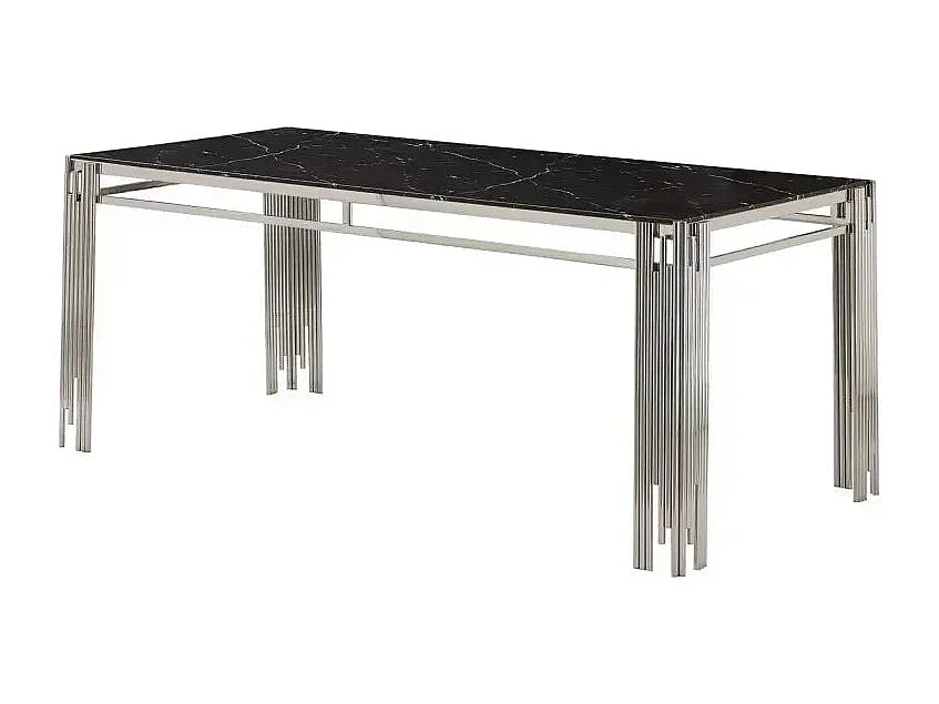 Table à manger verre marbré noir pied métal chrome 180x90 cm FLUTE