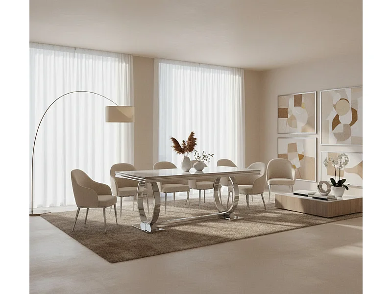 Table à Manger Rectangulaire Verre Marbré Blanc & Chrome – 180×90×75 cm – OMEGA