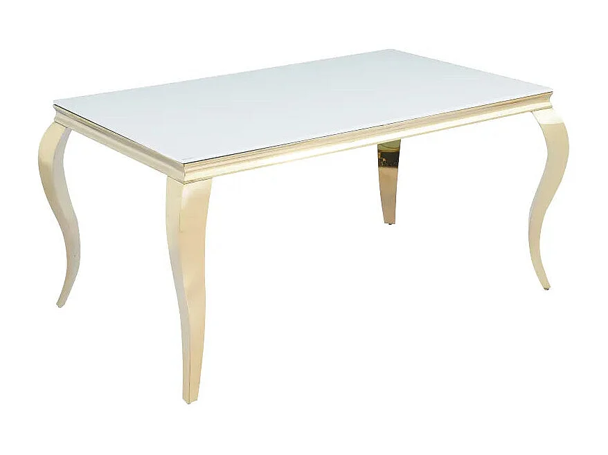 Table à manger BAROQUE 4 à 6 couverts 150x90 cm pieds gold plateau en verre blanc