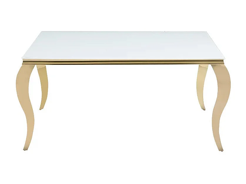 Table à manger BAROQUE 4 à 6 couverts 150x90 cm pieds gold plateau en verre blanc