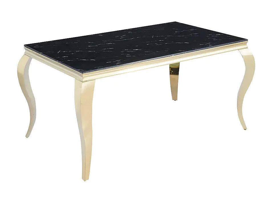Table à manger BAROQUE 4 à 6 couverts pieds gold plateau en verre 150x90 cm effet marbré noir