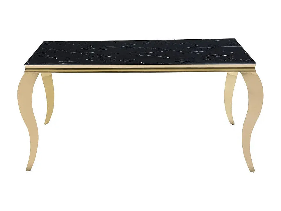 Table à manger BAROQUE 4 à 6 couverts pieds gold plateau en verre 150x90 cm effet marbré noir