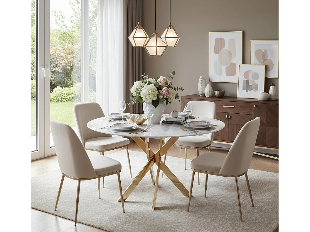 Table à manger ronde JESSICA MARBRE BLANC  piedsGold 100 cm 4 couverts