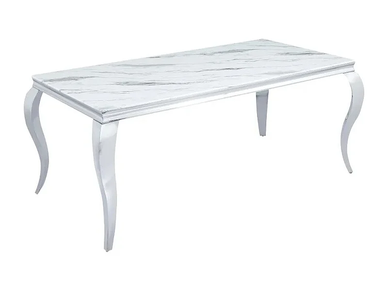 Table à manger BAROQUE 6 à 8 couverts pieds chrome plateau en verre 180x90 cm effet marbré blanc