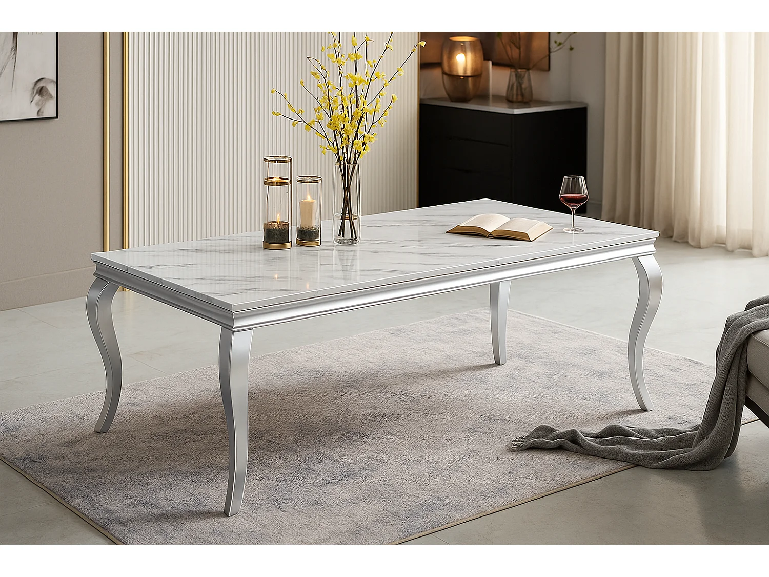 Table à manger BAROQUE 6 à 8 couverts pieds chrome plateau en verre 180x90 cm effet marbré blanc