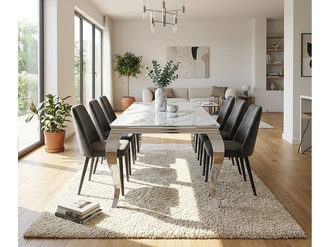 Table a manger verre effet marbre blanc chrome 180x90 cm BAROQUE