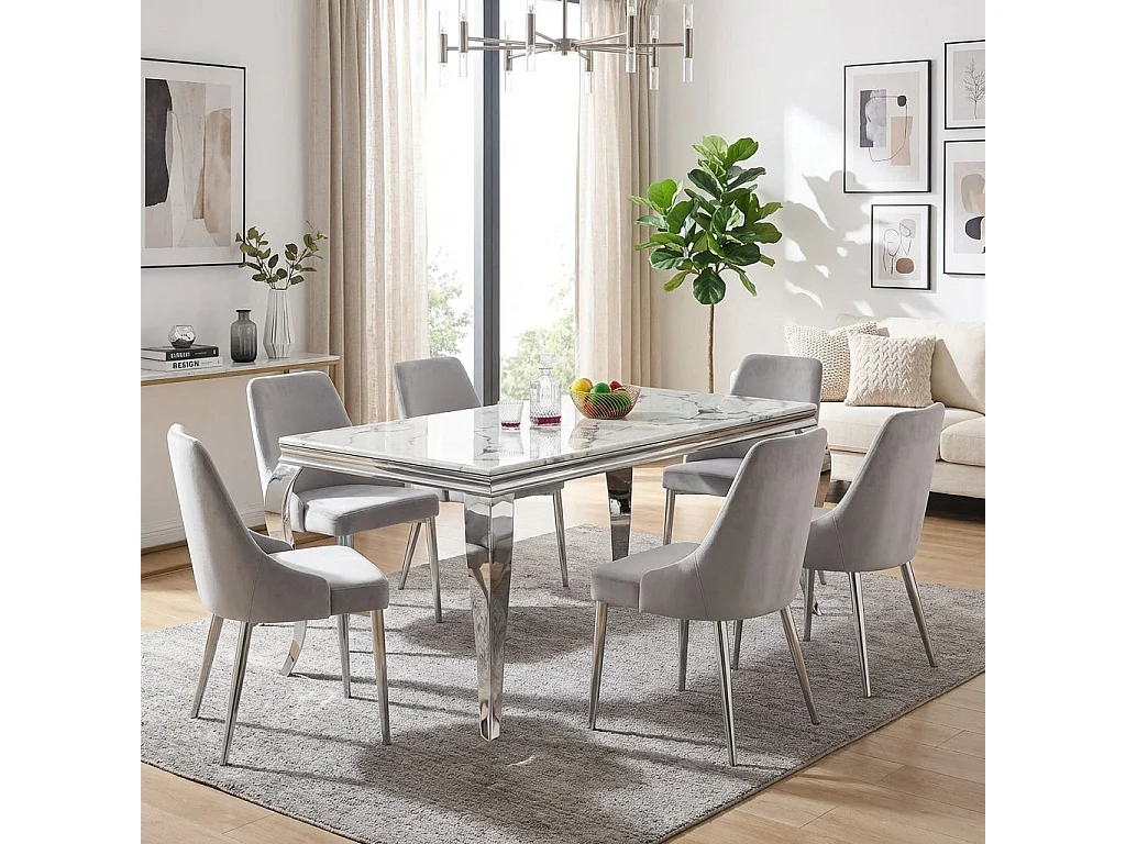 Table à manger verre effet marbre blanc chrome 180x90 cm BAROQUE