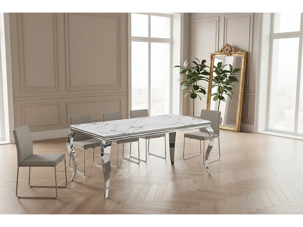Table à manger verre effet marbre blanc chrome 180x90 cm BAROQUE