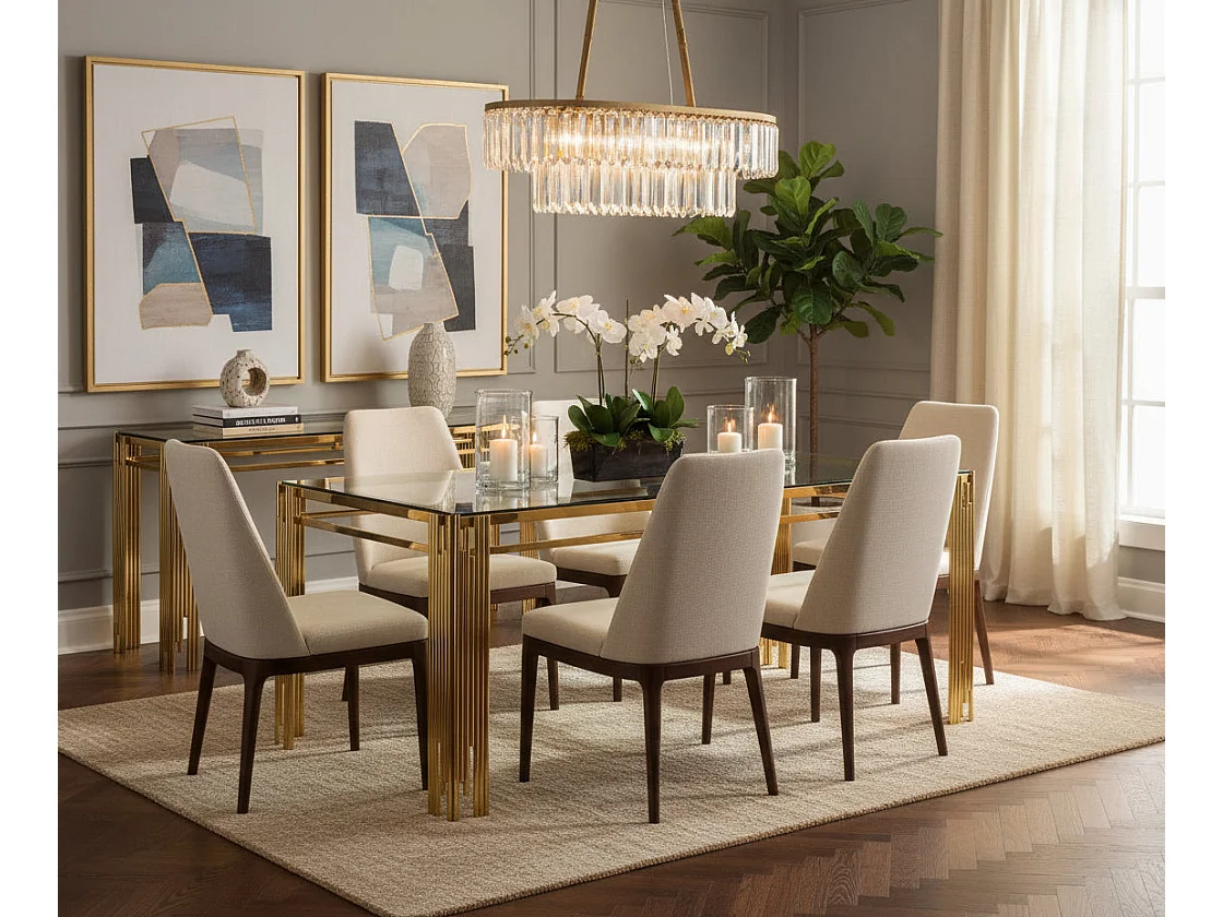 Table à manger Rectangulaire Gold Plateau en verre Transparent - 180x90x75 cm - FLUTE