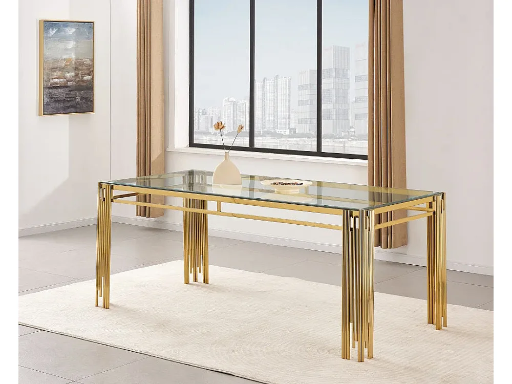 Table à manger Rectangulaire Gold Plateau en verre Transparent - 180x90x75 cm - FLUTE
