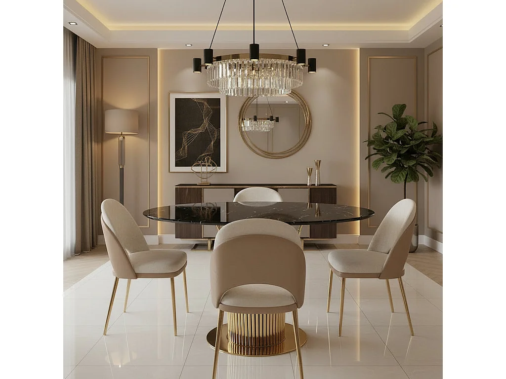 Table à Manger Ronde Gold Verre Trempé Marbré Noir – 120 cm – FLUTE