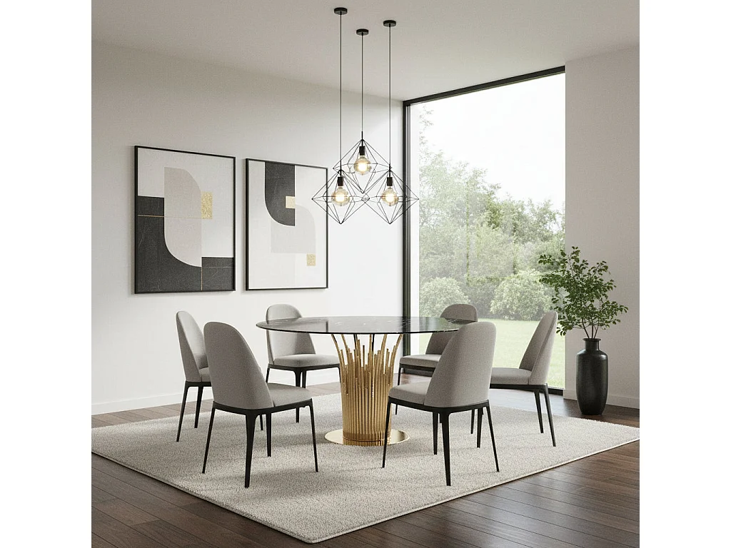 Table à Manger Ronde Gold Verre Trempé Marbré Noir – 120 cm – FLUTE