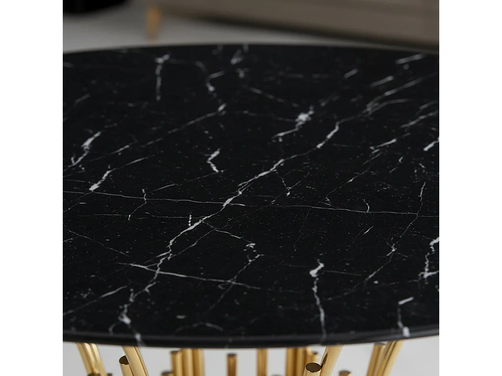Table à Manger Ronde Gold Verre Trempé Marbré Noir – 120 cm – FLUTE