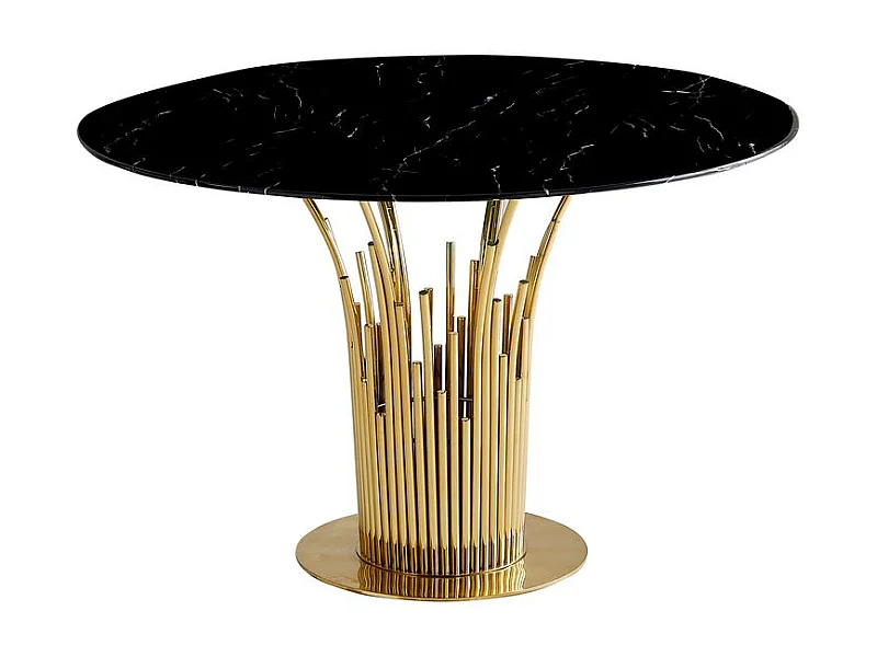 Table à Manger Ronde Gold Verre Trempé Marbré Noir – 120 cm – FLUTE