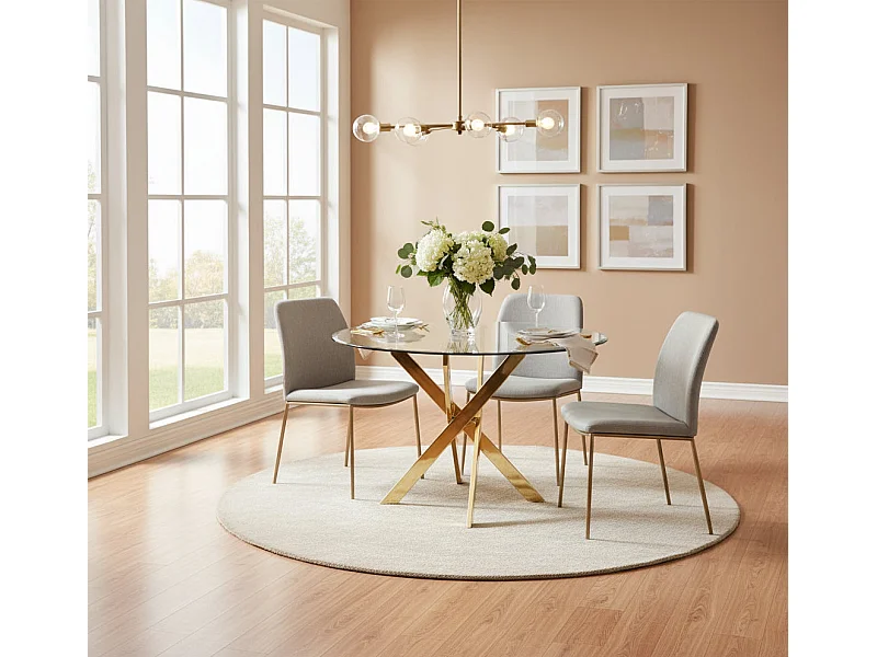 Table à manger ronde JESSICA TRANSPARENT pieds Gold 100 cm 4 couverts