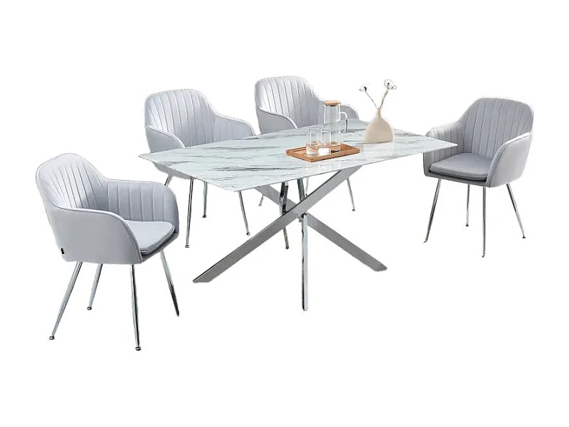 Table Repas JESSICA Chrome et plateau en verre 150 cm 4 à 6 couverts effet marbré blanc