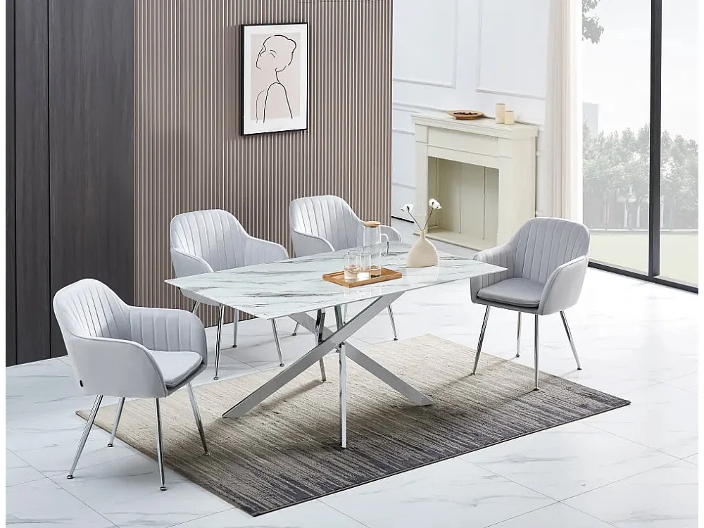 Table Repas JESSICA Chrome et plateau en verre 150 cm 4 à 6 couverts effet marbré blanc