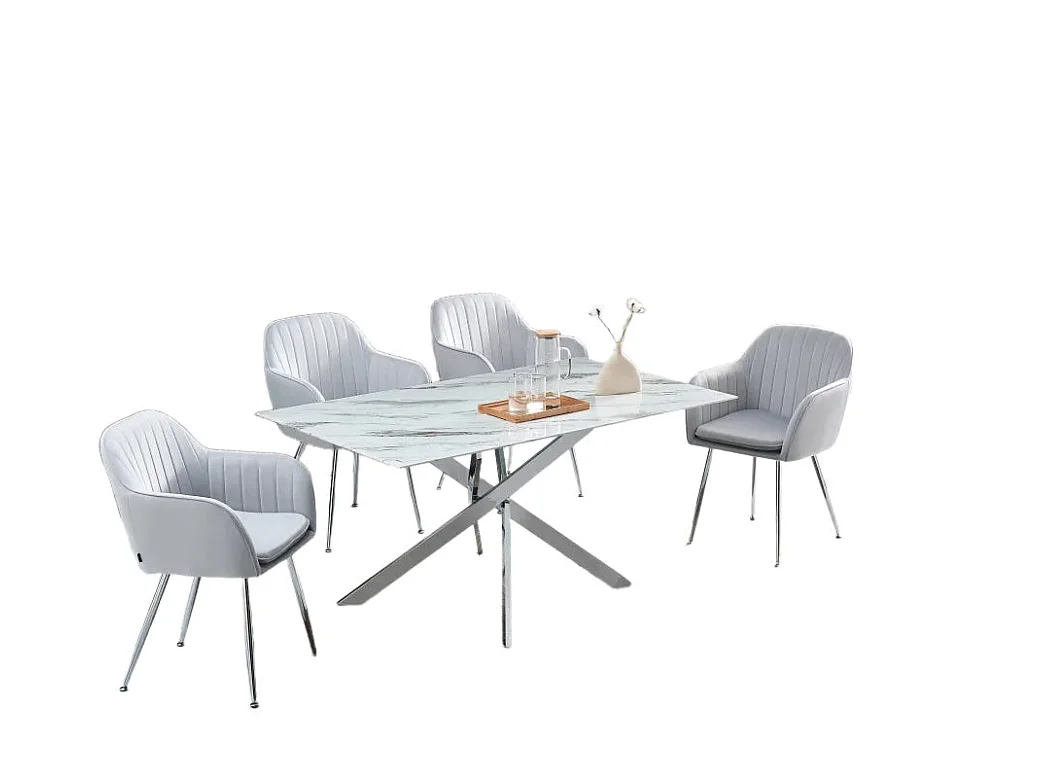 Table Repas JESSICA Chrome et plateau en verre 150 cm 4 à 6 couverts effet marbré blanc