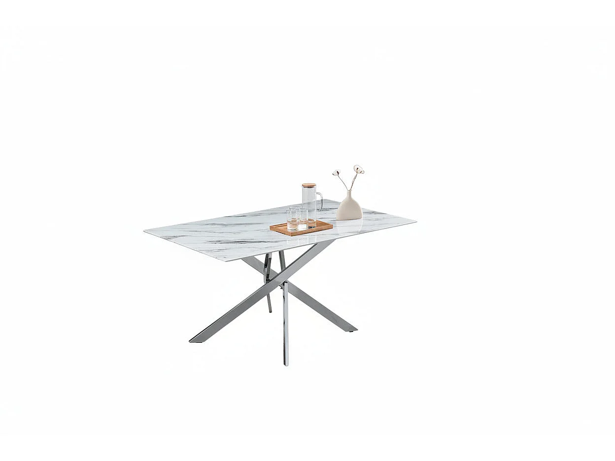 Table Repas JESSICA Chrome et plateau en verre 150 cm 4 à 6 couverts effet marbré blanc