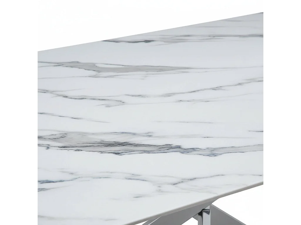 Table Repas JESSICA Chrome et plateau en verre 150 cm 4 à 6 couverts effet marbré blanc