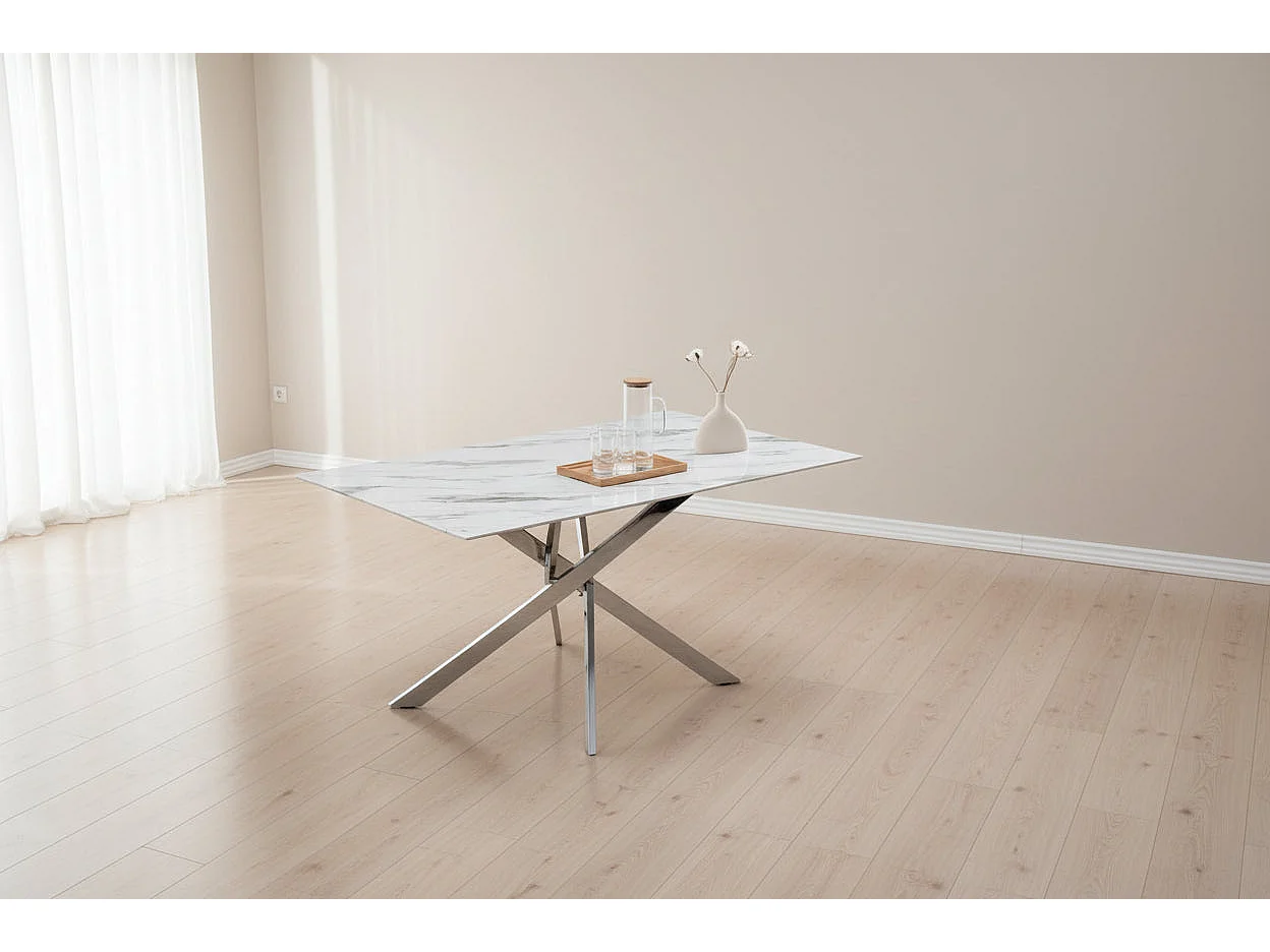 Table Repas JESSICA Chrome et plateau en verre 150 cm 4 à 6 couverts effet marbré blanc