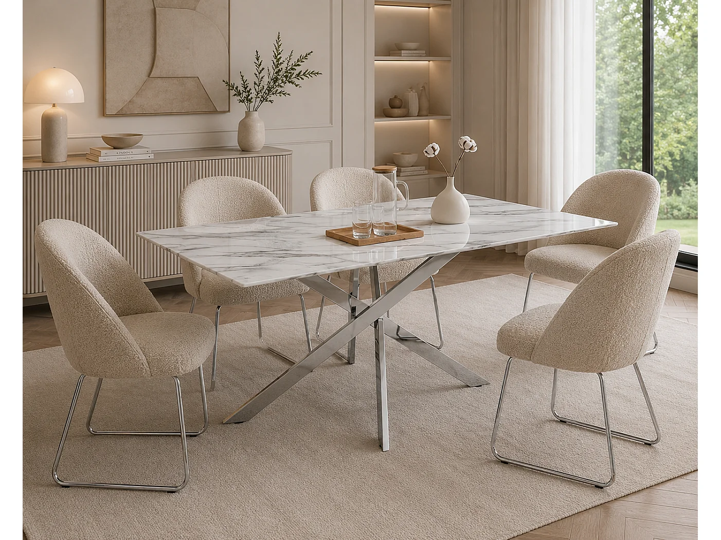 Table Repas JESSICA Chrome et plateau en verre 150 cm 4 à 6 couverts effet marbré blanc