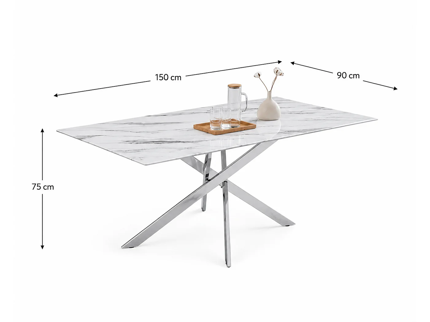 Table Repas JESSICA Chrome et plateau en verre 150 cm 4 à 6 couverts effet marbré blanc