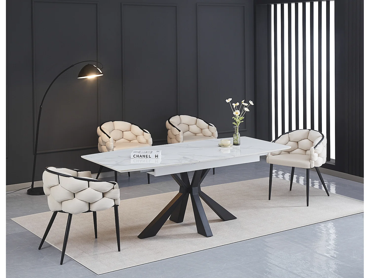 Table extensible BIANCA métal noir plateau Céramique BLANC