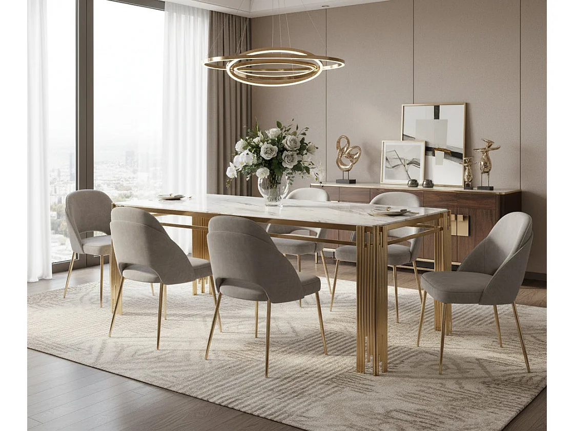 Table à manger Rectangulaire Gold Plateau Effet Marbre Blanc 180x90x75 cm - FLUTE