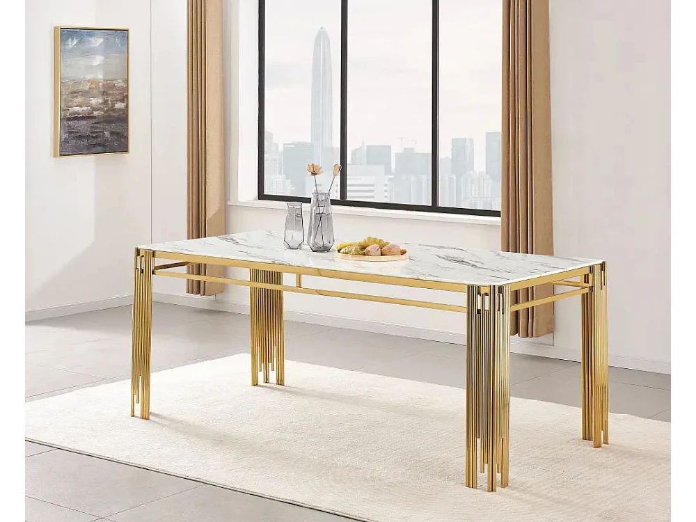 Table à manger Rectangulaire Gold Plateau Effet Marbre Blanc 180x90x75 cm - FLUTE