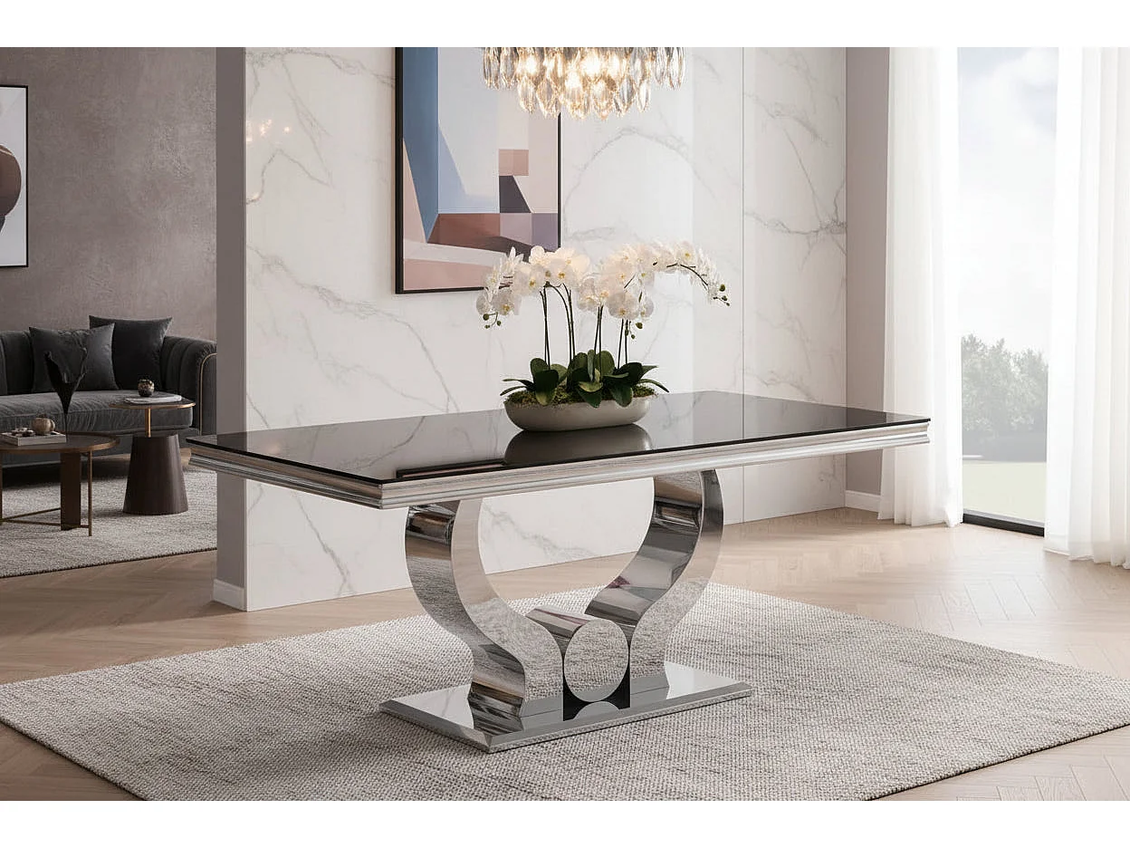 Table à manger verre noir pied métal chrome 180x90 cm TROFY